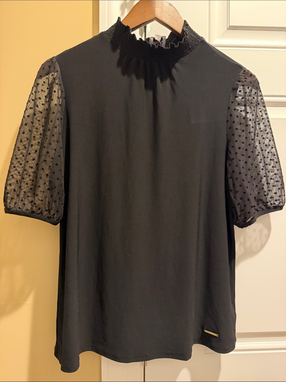 Anne Klein Black Puff-Sleeve Blouse with Dotted Mesh Sleeves